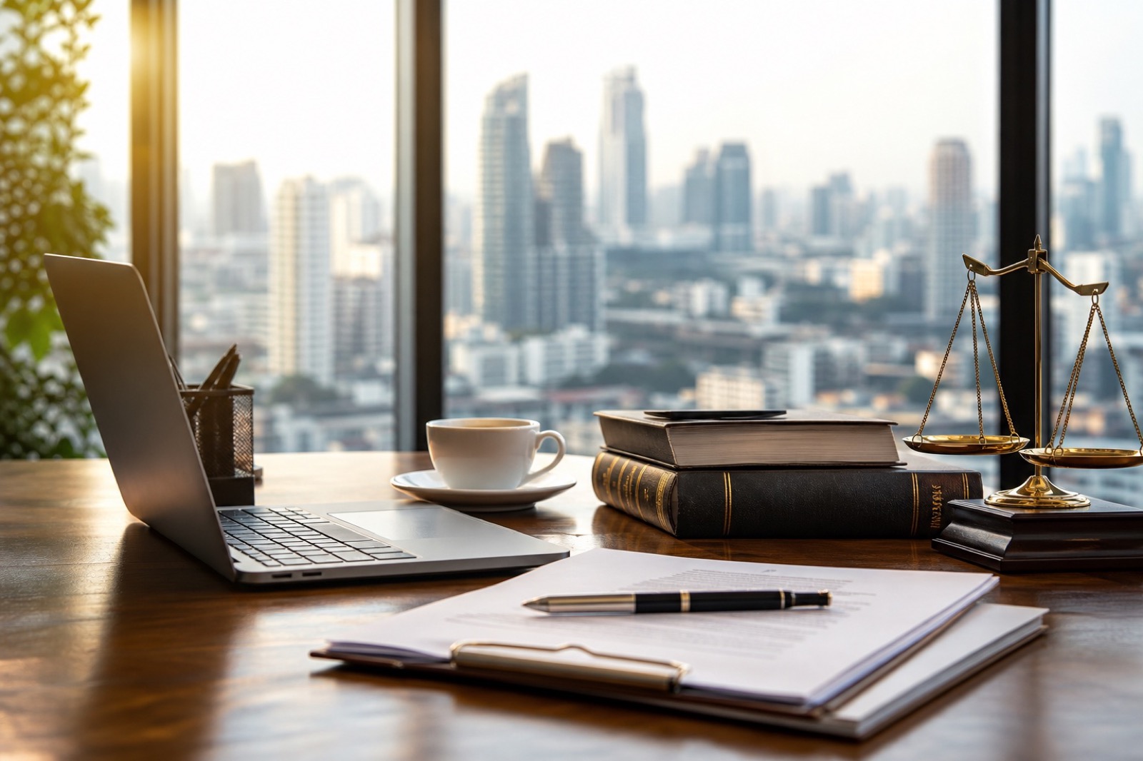 An office desk with notes and a coffee cup representing the firm's working environment.